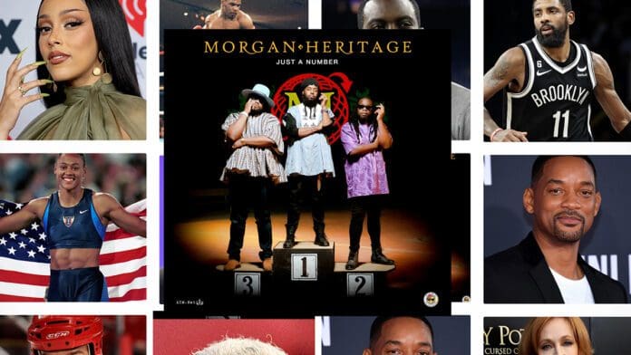 A collage of various celebrities surrounds the album cover for Morgan Heritage's new single, 