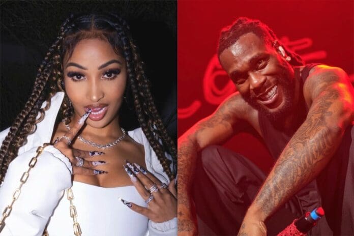 Two individuals are shown. On the left, a woman poses with her finger near her lips, wearing a white top and long braids, embodying Coachella 2023 vibes. On the right, a man smiles while crouching in a black tank top amidst red lighting, reminiscent of Burna Boy's electrifying performances.