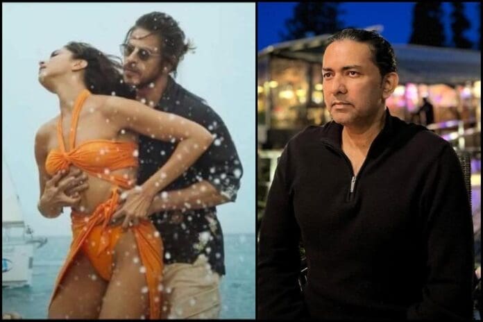 Split image: Left side shows a couple on a beach, with a man holding a woman in an orange swimsuit. Right side shows a man standing outdoors at night wearing a black jacket, reminiscent of scenes often found in a PAK song.