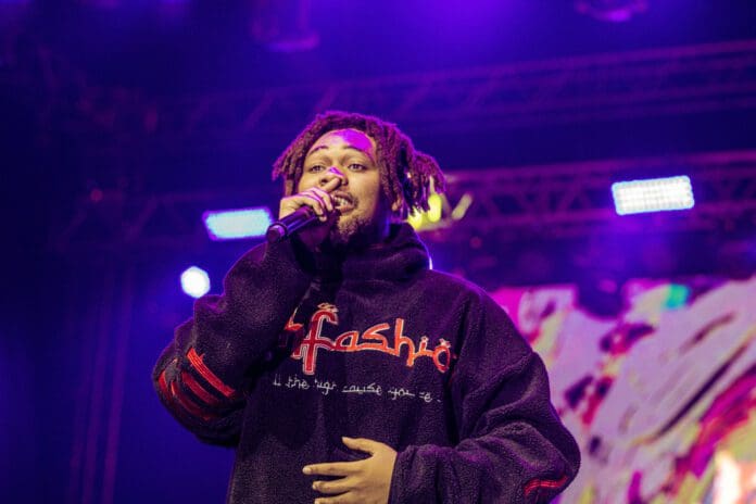 A person with dreadlocks performs on stage, wearing a black jacket and holding a microphone, with colorful stage lights in the background, broadcasting energetic Afro Beats that resonate across African countries.