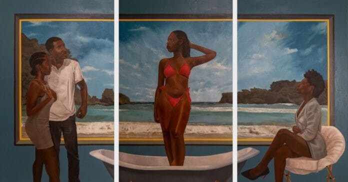 A painting by Black artists depicting three individuals: a woman in a red bikini standing in a bathtub, a man talking to a woman on the left, and another woman seated on a chair on the right, set against an international beach backdrop.