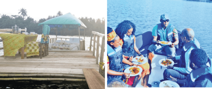 Two people enjoying a culinary treat on a boat.