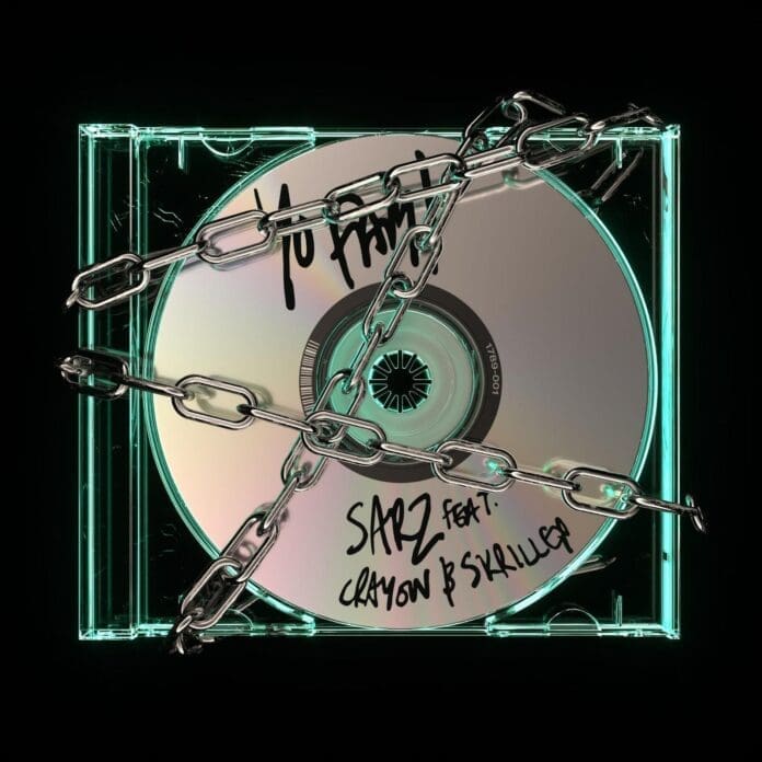 A cd with chains attached to it featuring Sarz, Skrillex, and Crayon.