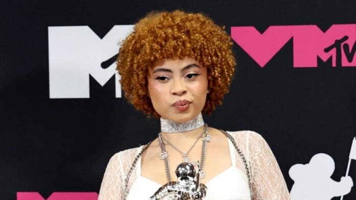 A woman with an afro posing on the red carpet at the MTV Music Awards.