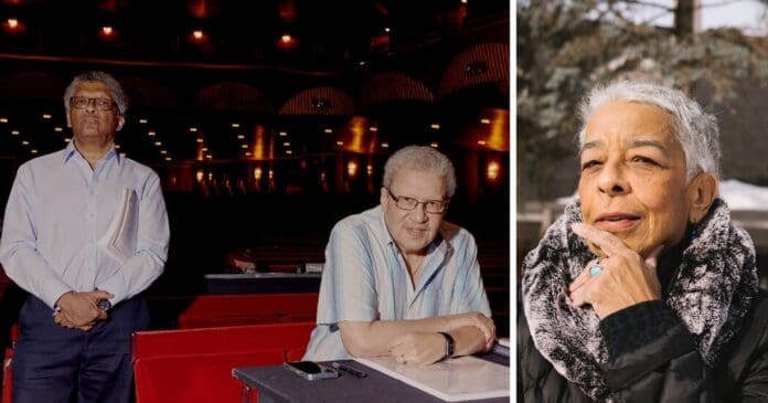 Two pictures of a woman and a man in front of the Metropolitan Opera.