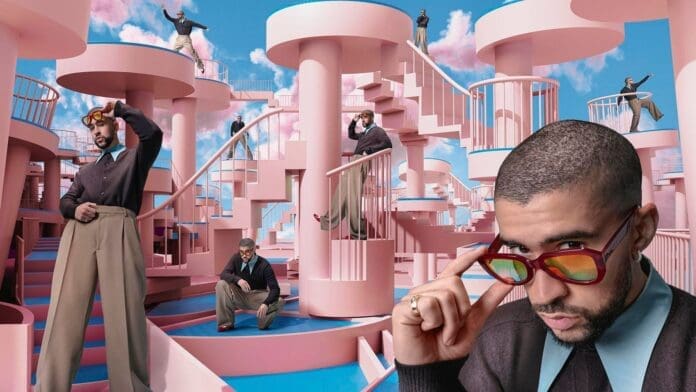 Bad Bunny, wearing sunglasses, is standing in a pink building during his exclusive tour.