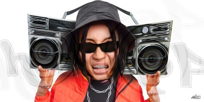 A cartoon of a woman holding a boombox inspired by hip hop culture in New York.