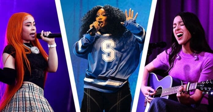 Four women singing with guitars and singing in front of a microphone, showcasing their talent for Best Albums and Songs.