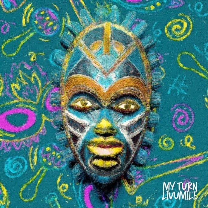 An African mask on a colorful background inspired by the vibrant music of Bittersoul & Tots SA.